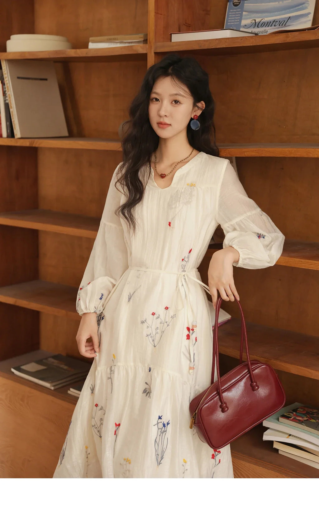 Beige Flower Embroidered Dress for Women 2025 Autumn Curved Collar Lantern Sleeves Tied Waist Long Dresses MXE41L2487