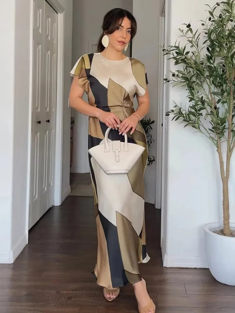 2024 Summer Women Dress Fashion Vintage Print O-Neck Midi Dress Waist Cinched Casual Chic Woman Elegant Dresses