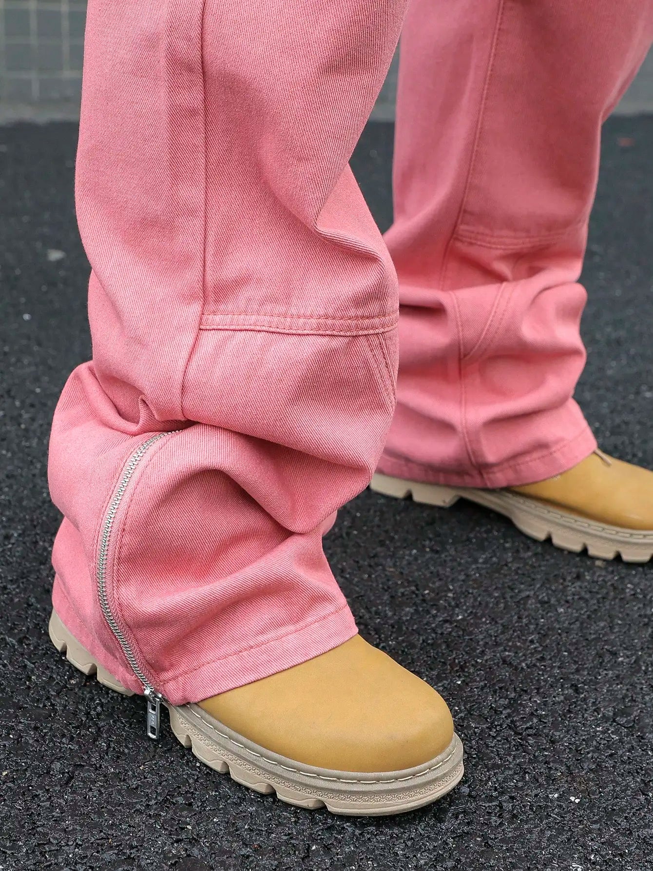 Men's Pink Patchwork Flared Jeans, Street Trend, Suitable for All Seasons