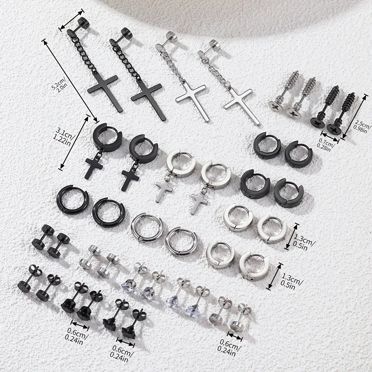 Simple Stainless Steel Zircon Stud Earrings For Men, Cross Pendant Hoop Earrings For Daily Wear