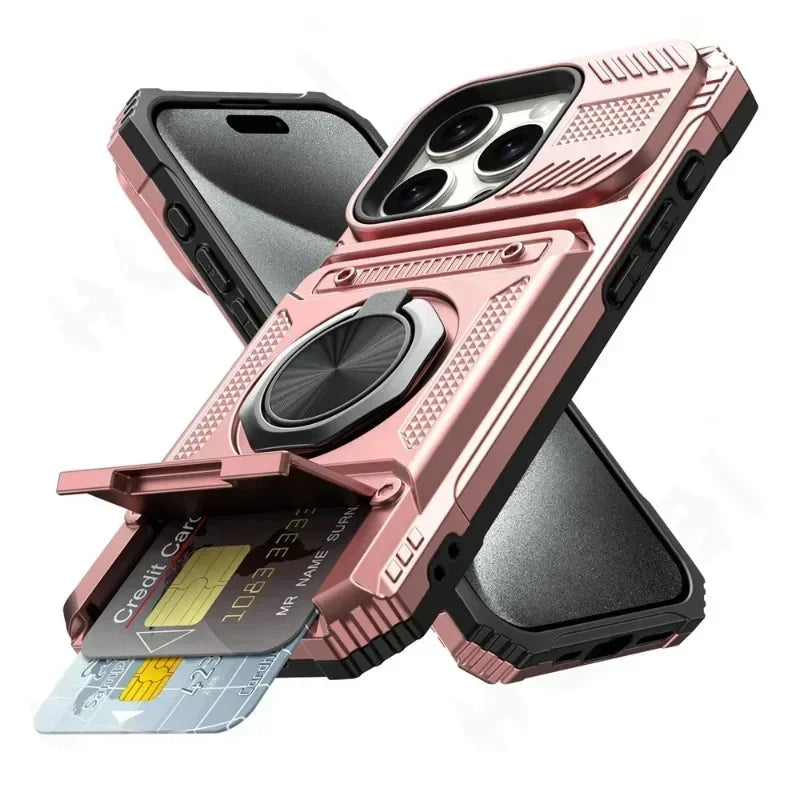 جراب حماية بتصميم محفظة لهاتف آيفون 16 15 14 13 11 برو ماكس XS XR 8 7 بلس، حماية شديدة التحمل ضد السقوط مع حلقة مغناطيسية دوارة ومسند