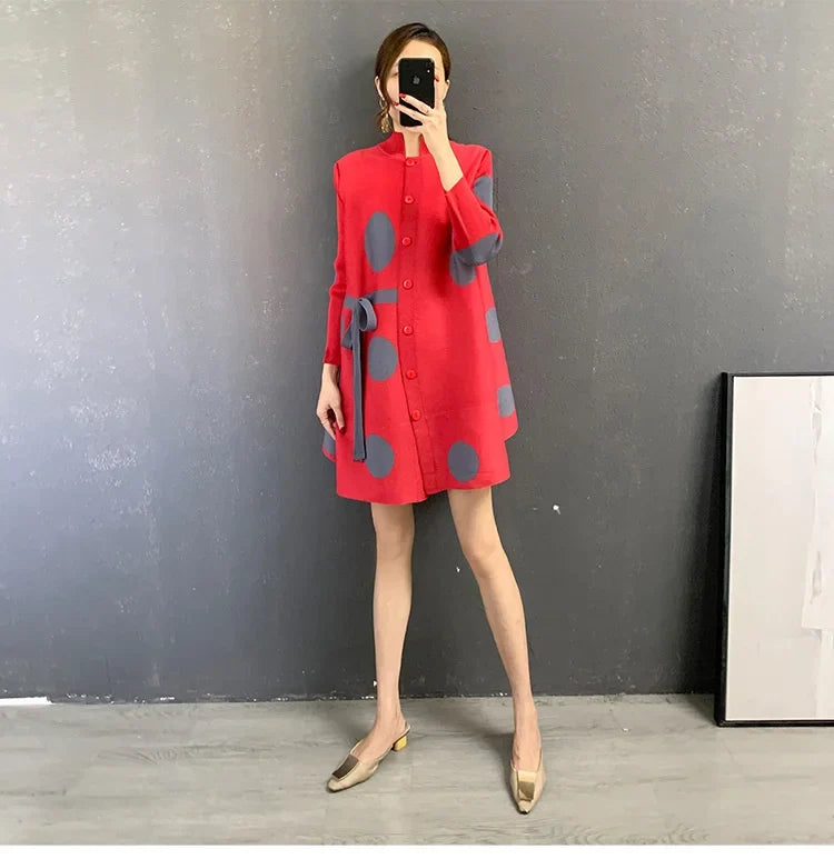 Pleated Dot Printing Dress 2025 Autumn Single Breasted Plus Size Drawstring Elegant Streetwear Festival Women Clothing