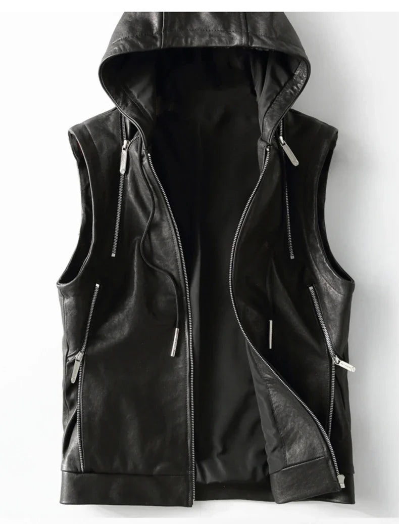 Spring Autumn Luxury Elegant Cool Black Pu Leather Vest for Men with Hood Zipper Sleeveless Jacket Men Clothing 2023