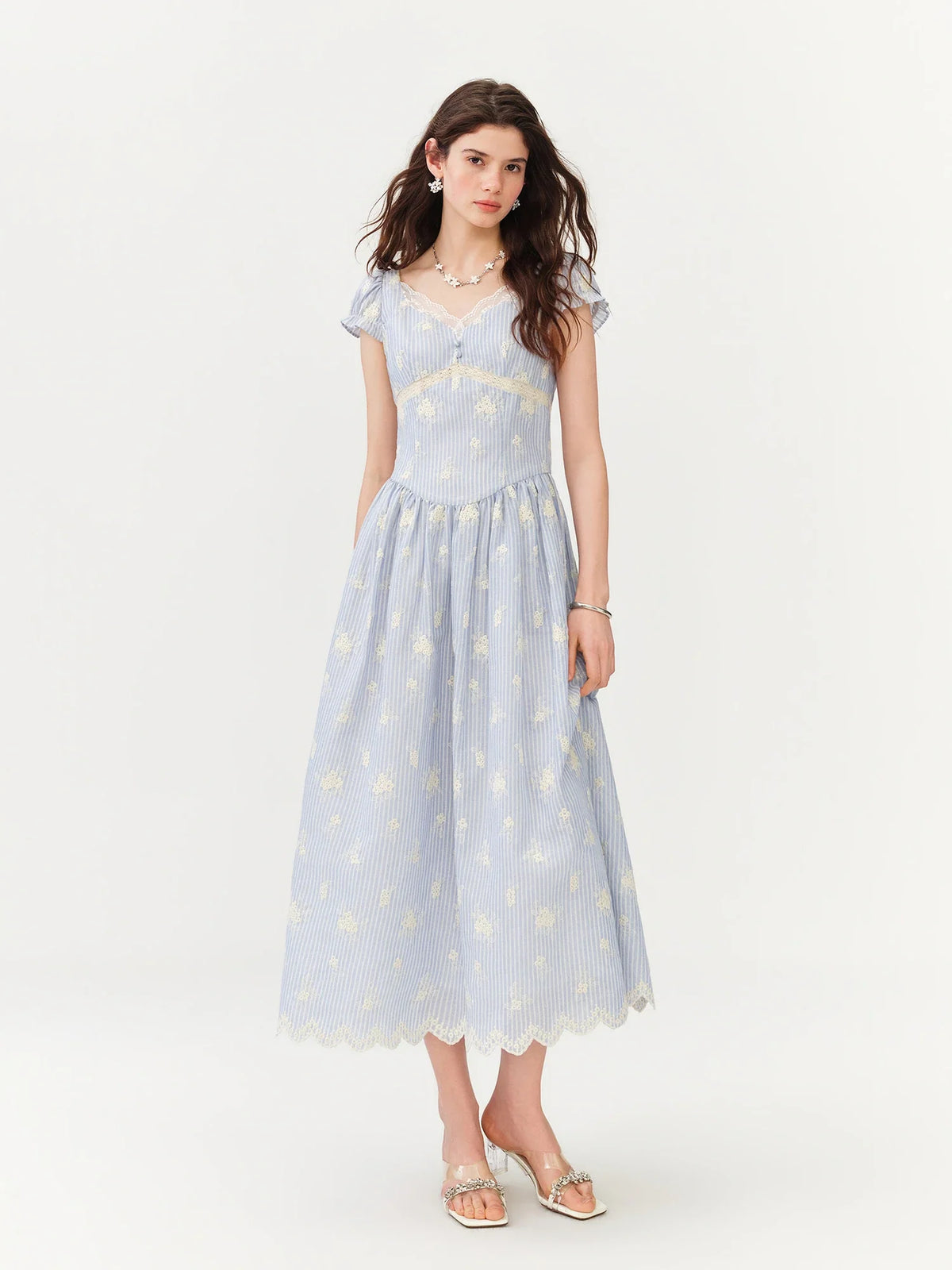 2026 Summer Cotton Gauze Blue Stripe Floral Embroidery Midi Dress French Farmhouse A-line Flowy Shift Coastal Cottagecore