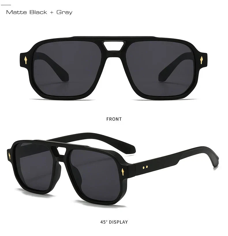 Vintage Double Bridges Men Square Sunglasses Fashion Clear Ocean Lens Eyewear Women Trending Rivets Sun Glasses UV400