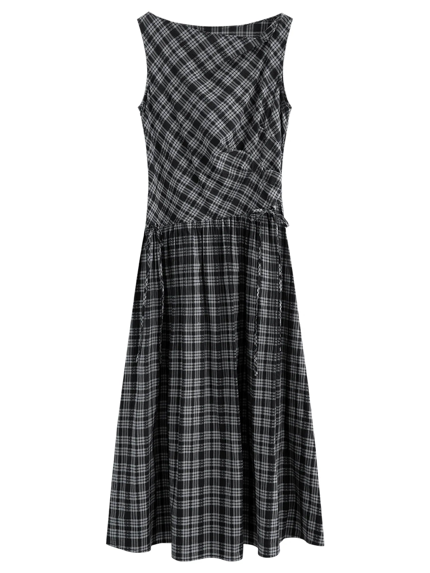 2026 Summer Women One Shoulder Asymmetrical Sleeveless Dress Plaid Check Midi Dress for Rebellious Prep & Vacation Style