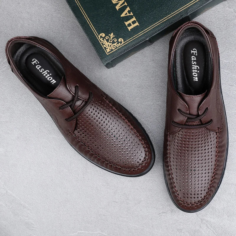 Italian Brand Men's Genuine Leather Casual Shoes Handmade Soles Loafers Lace Up Breathable That's Oxford Shoes for Summer