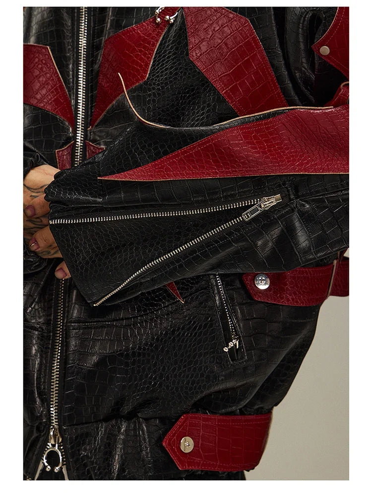 Spring Autumn Cool Handsome Crocodile Print Patchwork Pu Leather Jacket Men Color Block Luxury Designer Clothes 2024