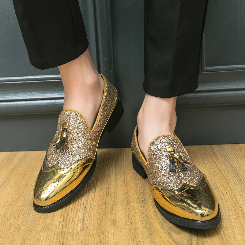Business Dress Shoes Men's Oxfords Genuine Leather Pointy Toe Lace Up High Quality Office Wedding Formal Shoes For Men Gold