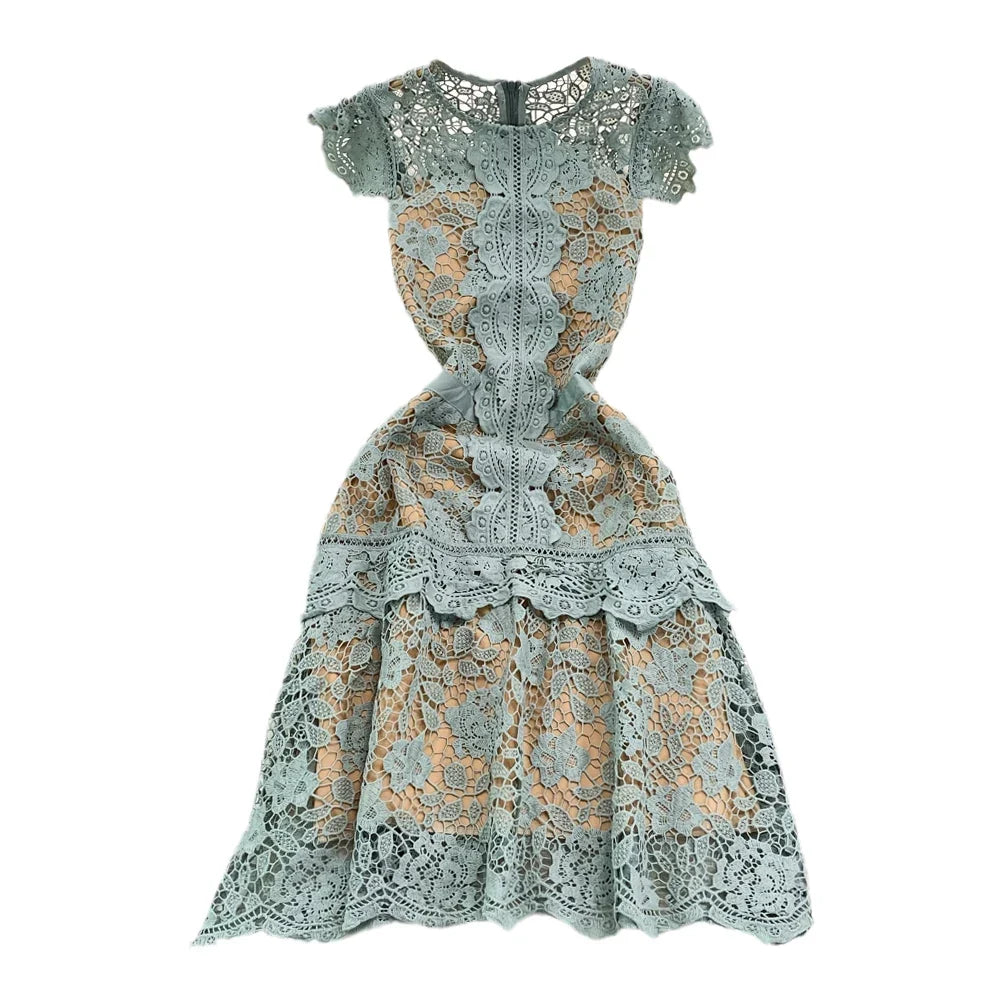 Retro Court Sle round Ne Fly Sve Slimming Soluble Hook Flower Hollow A-Line Dr Summer New Arrival Women's Faion