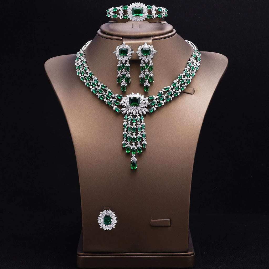 2024 Bridal Zirconia Full Jewelry Sets For Women Party 4pcs Luxury Dubai Nigeria CZ Crystal Wedding Necklace Sets