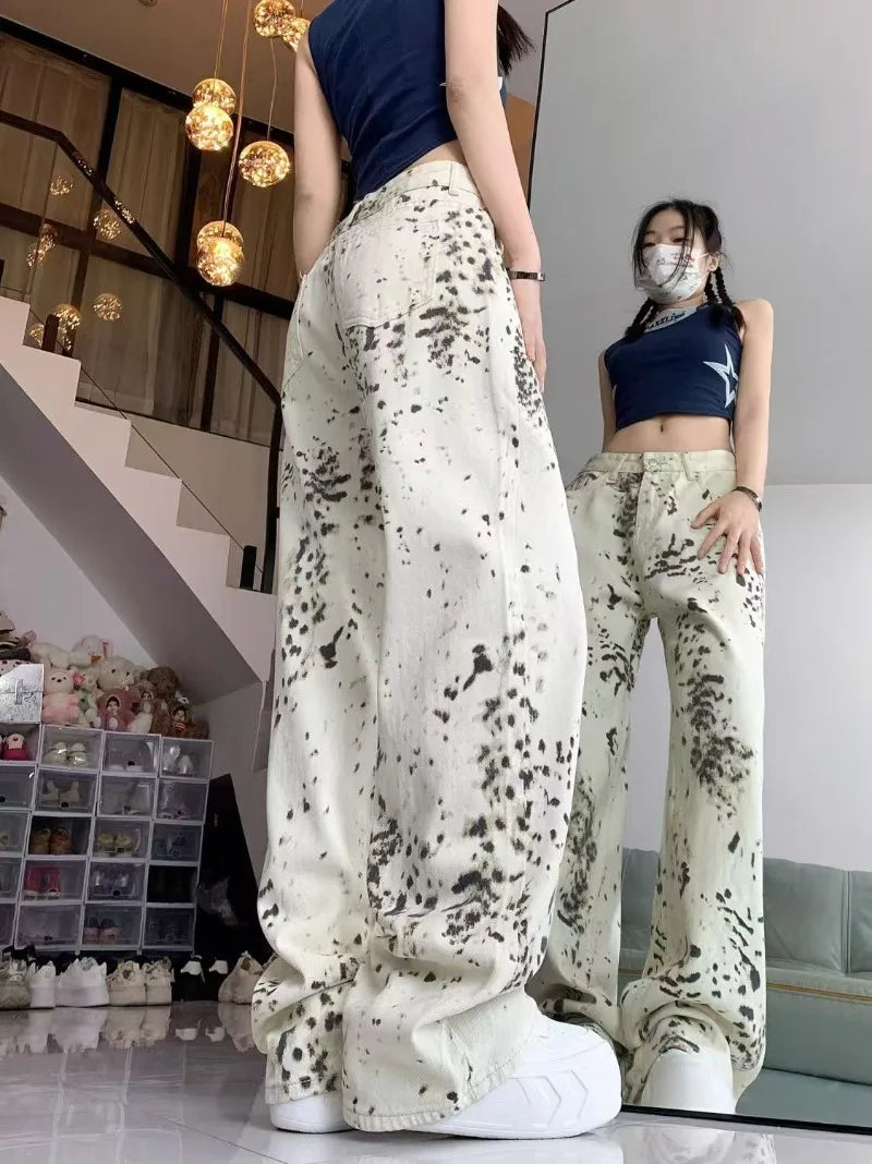 بنطلون جينز نسائي كاجوال بخصر عالٍ وأرجل واسعة بتصميم عتيق