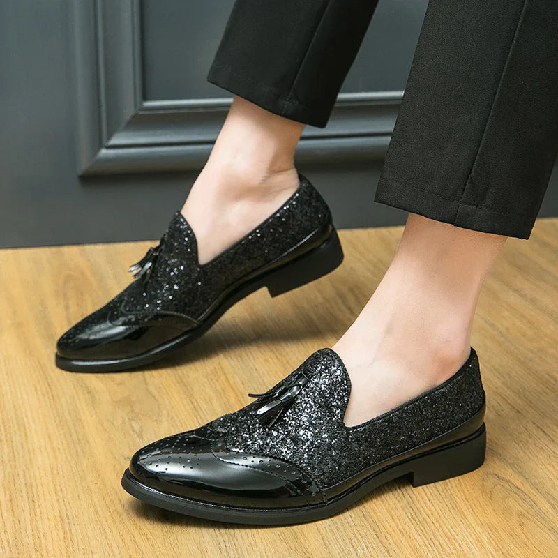 Business Dress Shoes Men's Oxfords Genuine Leather Pointy Toe Lace Up High Quality Office Wedding Formal Shoes For Men Gold