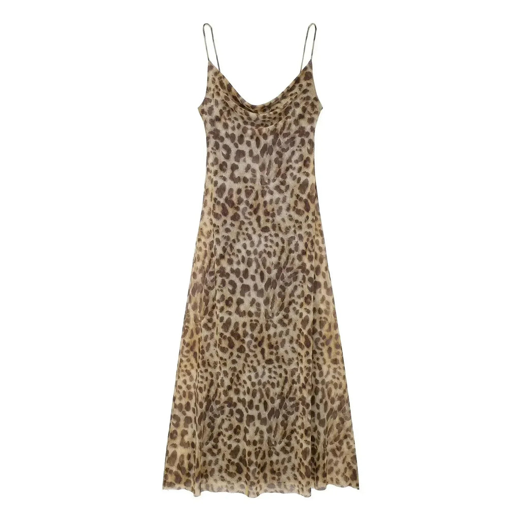 Women Vintage Leopard Print Spaghetti Strap Dress Sexy Backless Tulle Long Dresses Fashion Y2k High Street Vestido Mujer