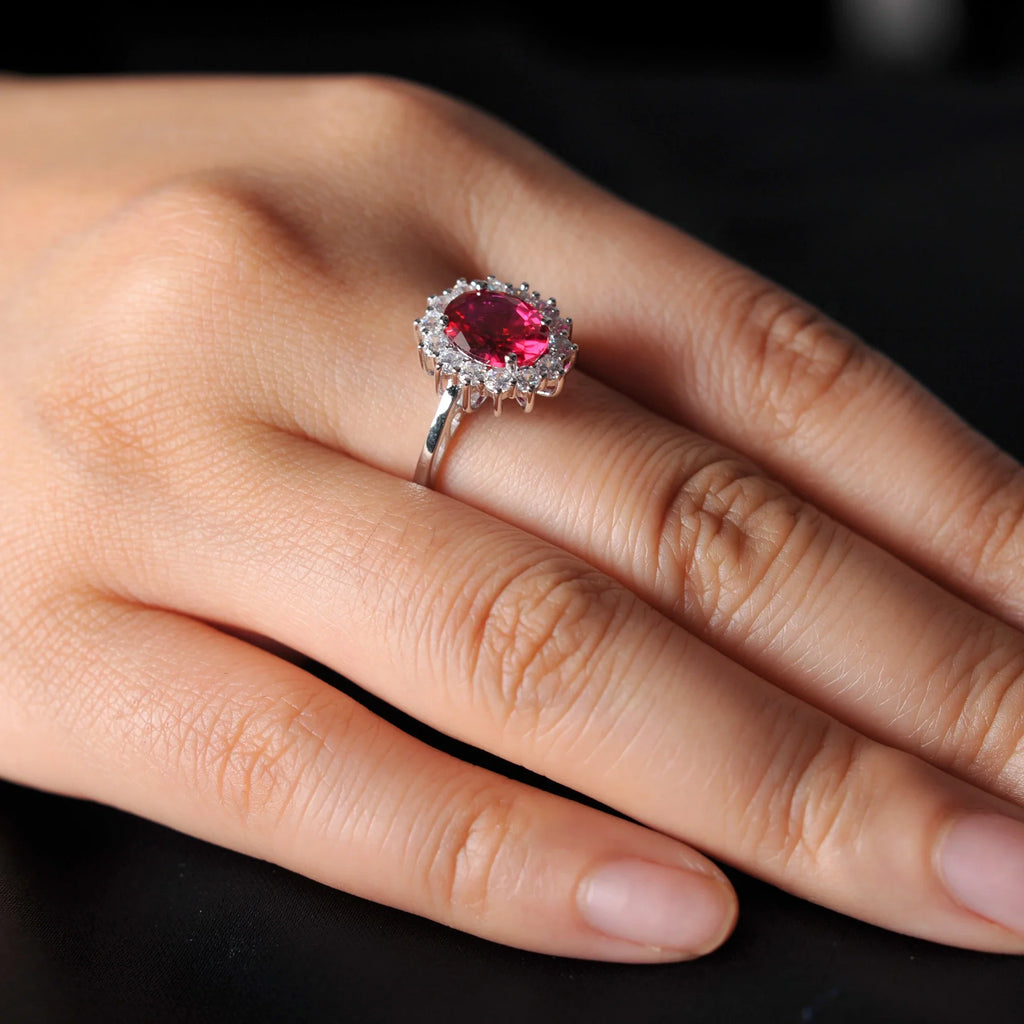 Halo Rings for Women Created Blue Sapphire Nano Emerald Red Ruby Princess Diana 2.67ct Oval Cut 925 Sterling Silver Rings