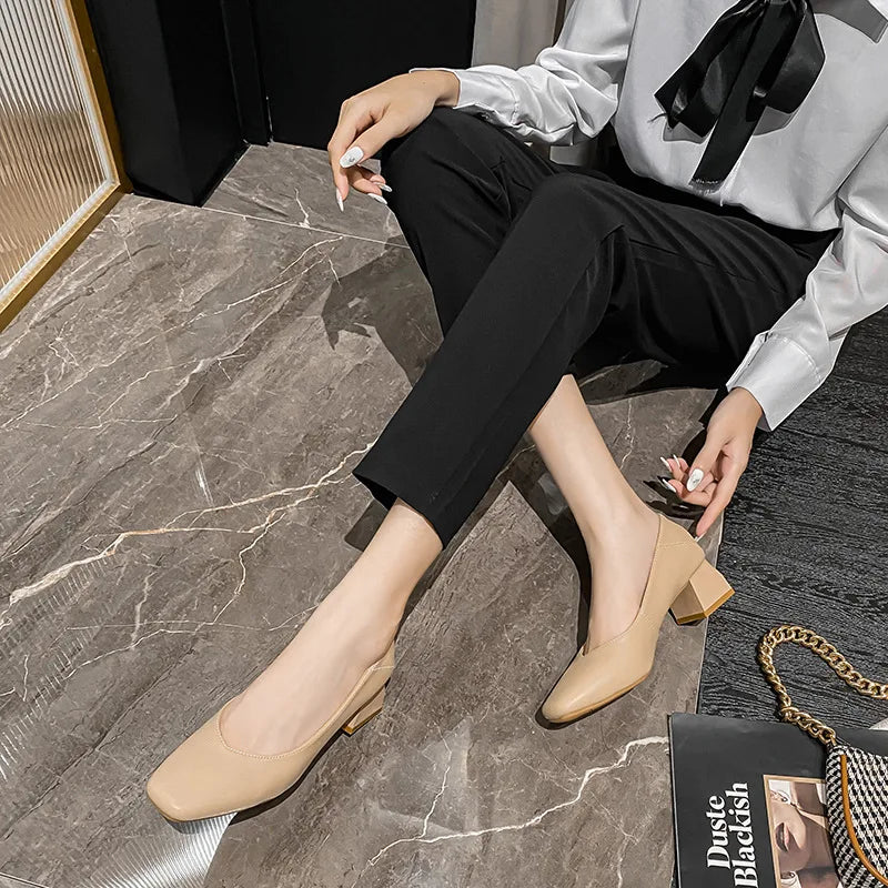 genuine leather med-high heels shoes for women square toe pumps cowhide zapatos mujer elegantes tacones bajos OL shoes size 43