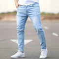 Men's American Retro Hole-Punched Stretch Slim Fit Jeans Zipper Casual Streetwear Denim Pants Classic Black Blue Skinny Trousers