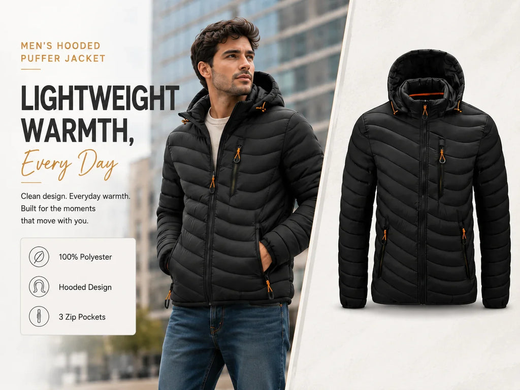 Mens Lightweight Outdoor Puffer Jacket Hooded Insulated Thermal Puffy Winter Heated Running Travle Casual Cotton Outdoor Coat
