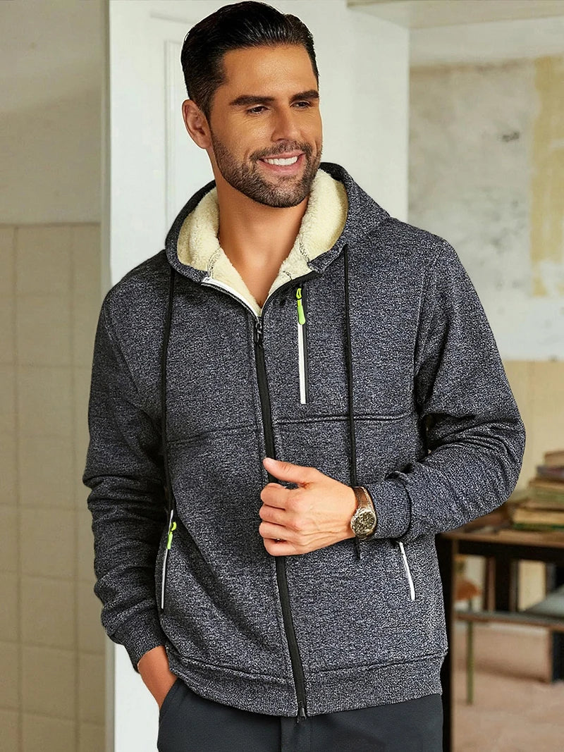 Men's Winter Warm Sherpa Plush Lined Jacket Casual Zip Up Hooded Coat with Zipper Pockets Male Fleece Outerwear Outfits Tops