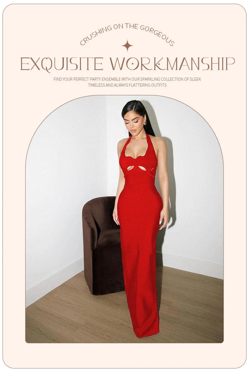 VC Black Halter Elegant Dress For Women 2025 New Summer Evening Party Celebrity Bodycon Long Dress Red Brown Prom Vestido