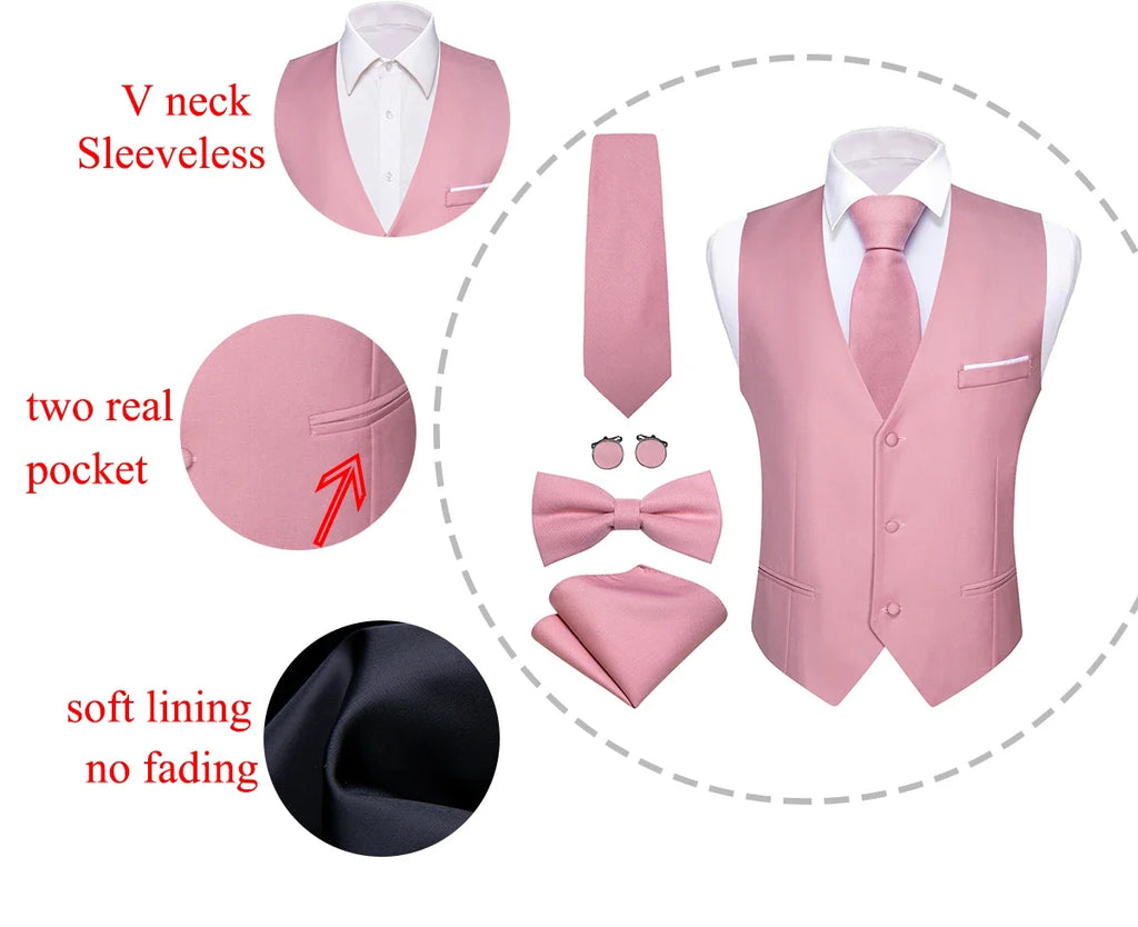 Elegant Silk Vest for Men Wedding Solid Gold Green Pink Purple Red Waistcoat Tie Bowtie Set Sleeveless Jacket Suit Barry Wang