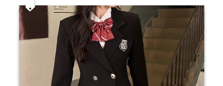 Sweet Style Suit Dress Korean Drama Main Character Waist Cinched Beautiful  Skirt College Style High Waist Double Breaste...