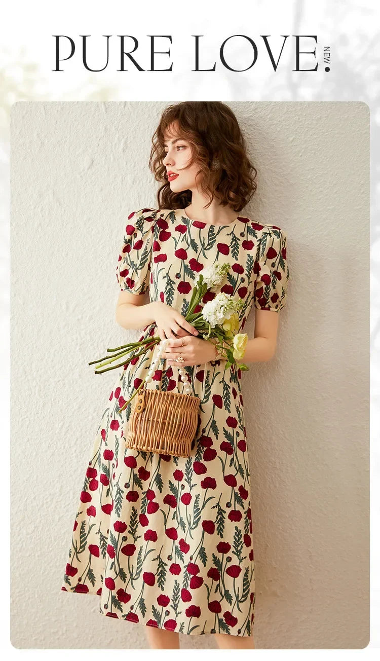 French Floral Print Dress Women 2026 Summer Round Neck Puff Sleeve Fitted Long Dress Casual Streetwear Outfits