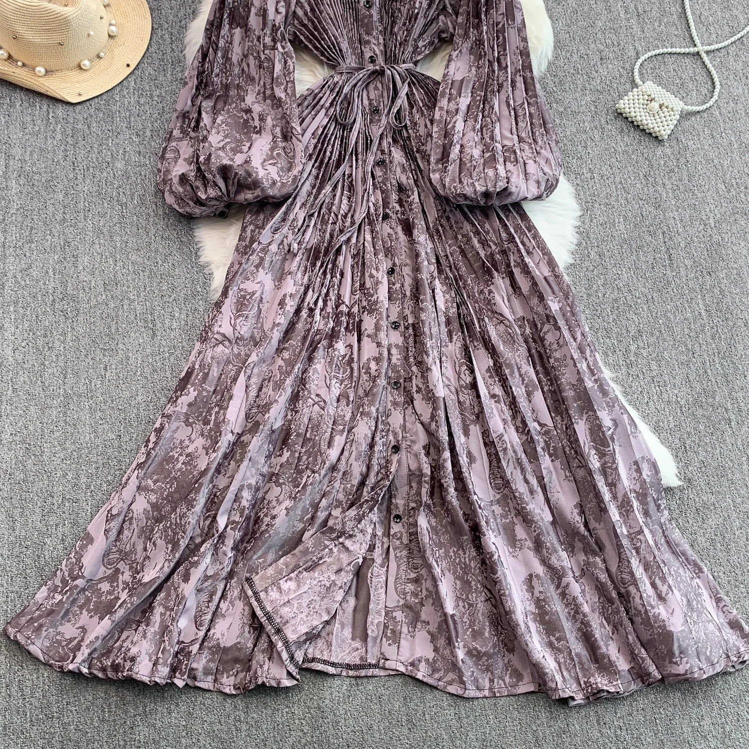 Printed round Ne Lantern Sve Dr Women's Single Button Waist Cinch Maxi Skirt Long Dr Commute Sle Autumn