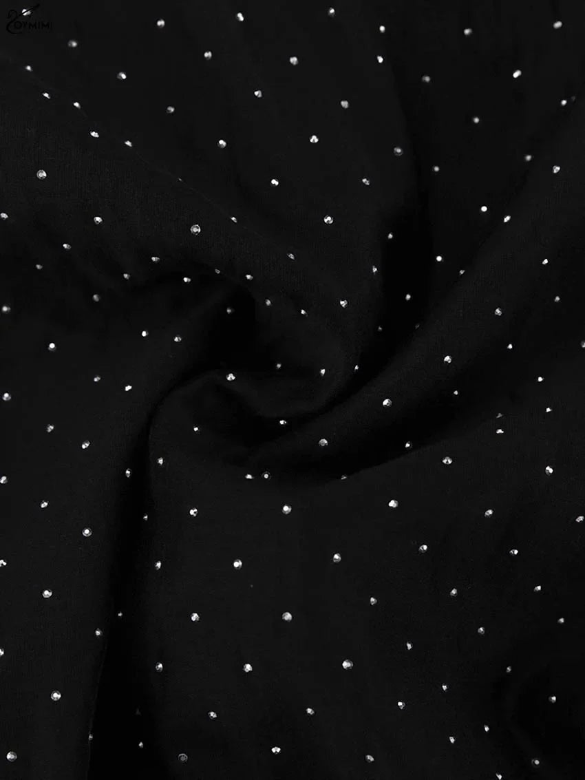 Fashion Black Rhinestone Women's Dress Casual Lapel Long Sleeve Button Dresses Elegant New Lace-Up Pleated Mini Dresses