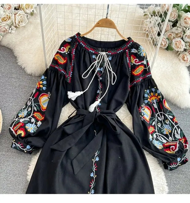 Retro Ethnic Sle Long Sve Embroidered round Ne A-Line Cotton Linen Dr Slimming Waist Cinched Ele Long Dr