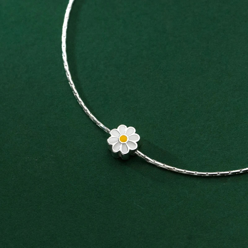 Enamel Daisy Charms Bracelet Real 925 Sterling Silver Link Chain  Lucky Adjustable  Bracelets For Women Fine Jewelry