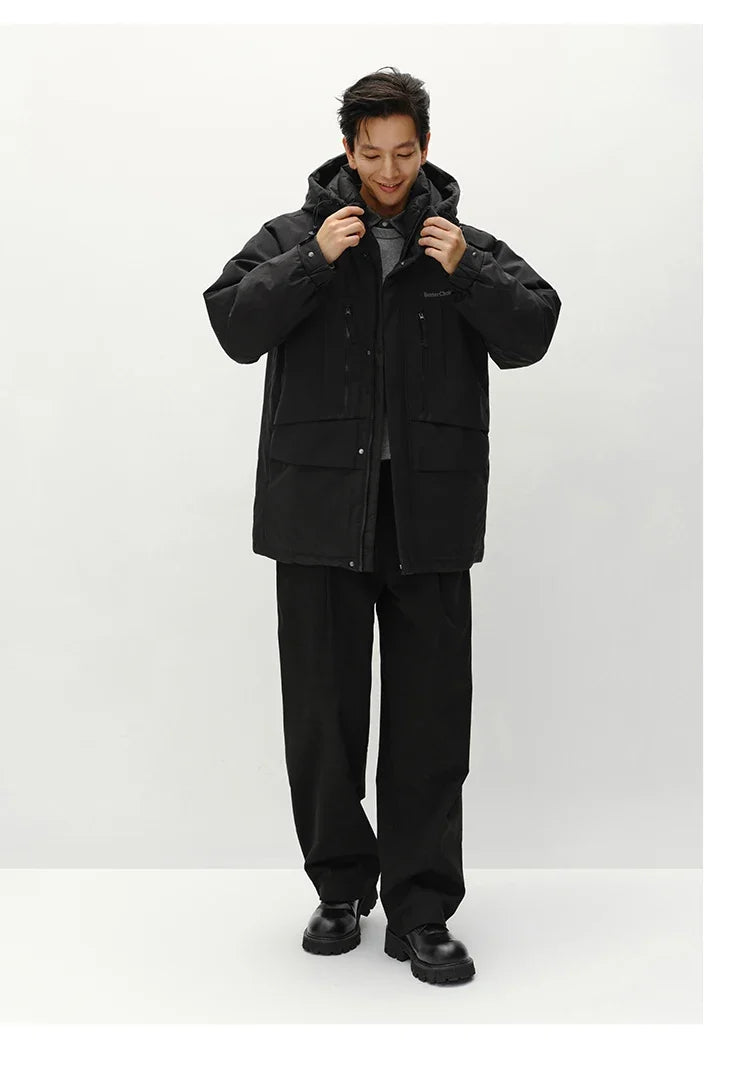 Down Jacket Men Mid-Length Hooded Sport Colorblock 2026 Winter Man Clothes Warm Outerwear Windproof Warm Colorblock Design