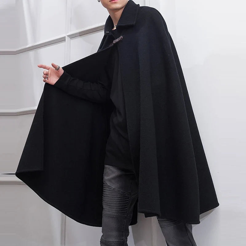 Fashion Men Cloak Coats Lapel Solid Color One Button Cape Trench Streetwear 2023 Casual Male Overcoats Ponchose S-5XL