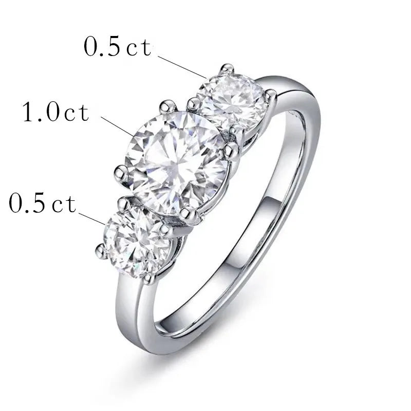 Real D Color VVS1 Round 2.0ctw Moissanite 3-Stone Ring 925 Pure Silver Jewelry Certified for Women Wedding Engagement Gift
