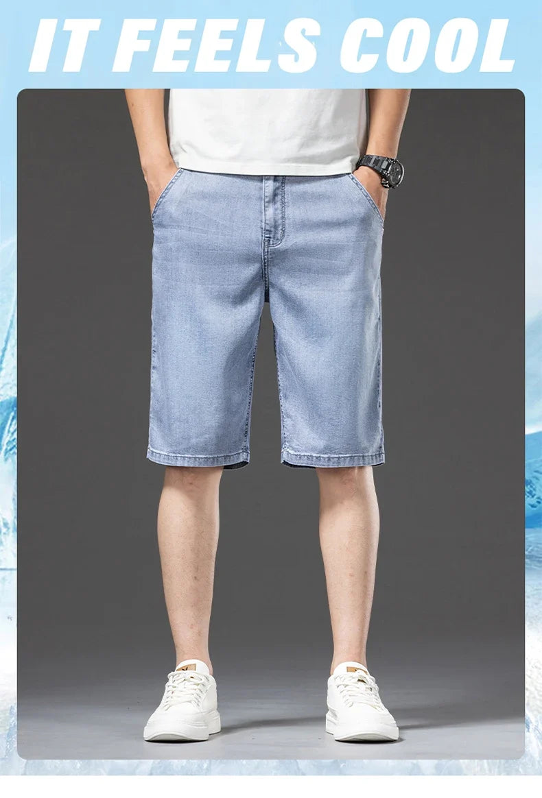 Lyocell Thin Men's Baggy Denim Shorts Loose Summer Casual  Stretch Soft Straight Jeans Male Brand Shorts Male Blue Grey