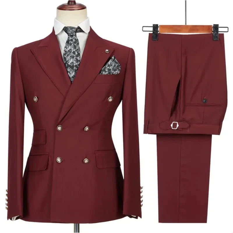Men Suit 2 Pieces Beige Double Breasted Solid Color For Business Casual Wedding Groom Banquet Work Tuxedo Set Jacket With Pants
