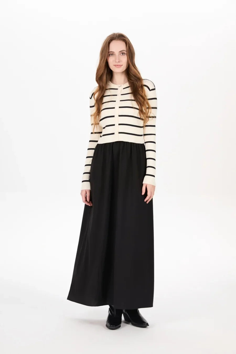 AW25 stripe knitting cardigan + sleeveless patch dress maxi matching set for woman clothing