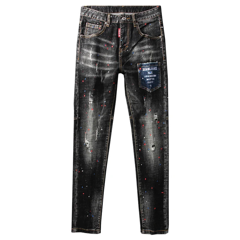 Men Jeans Retro Black Gray Slim Fit Ripped Jeans