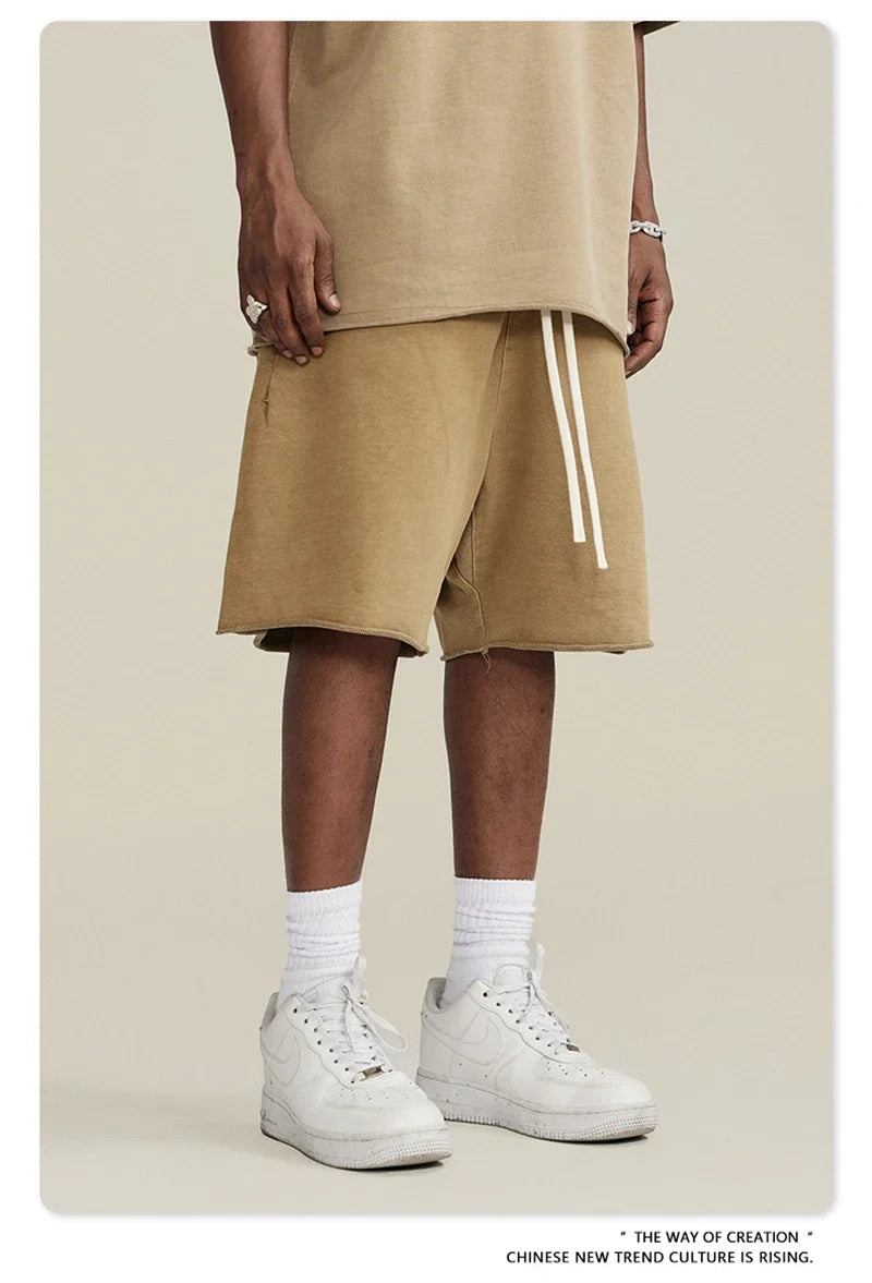 New Summer Men Retro Washed Shorts Unisex Drawstring Loose Edge 420gsm Solid Knee Length Cotton Pants Streetwears HY0589