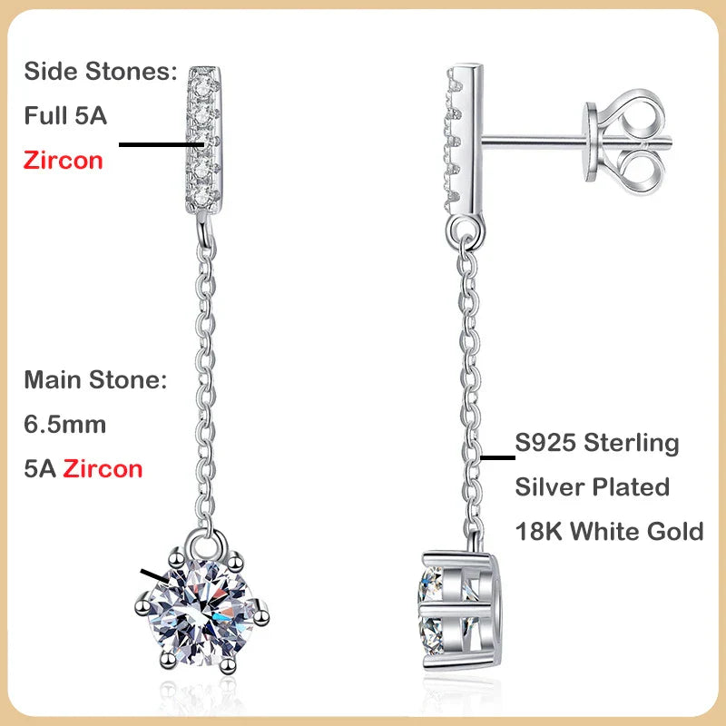 Luxury 100% Real D Color 1CT Moissanite Drop Earring for Women Girls S925 Silver Diamond Long Tassel Dangle Earrings Gift
