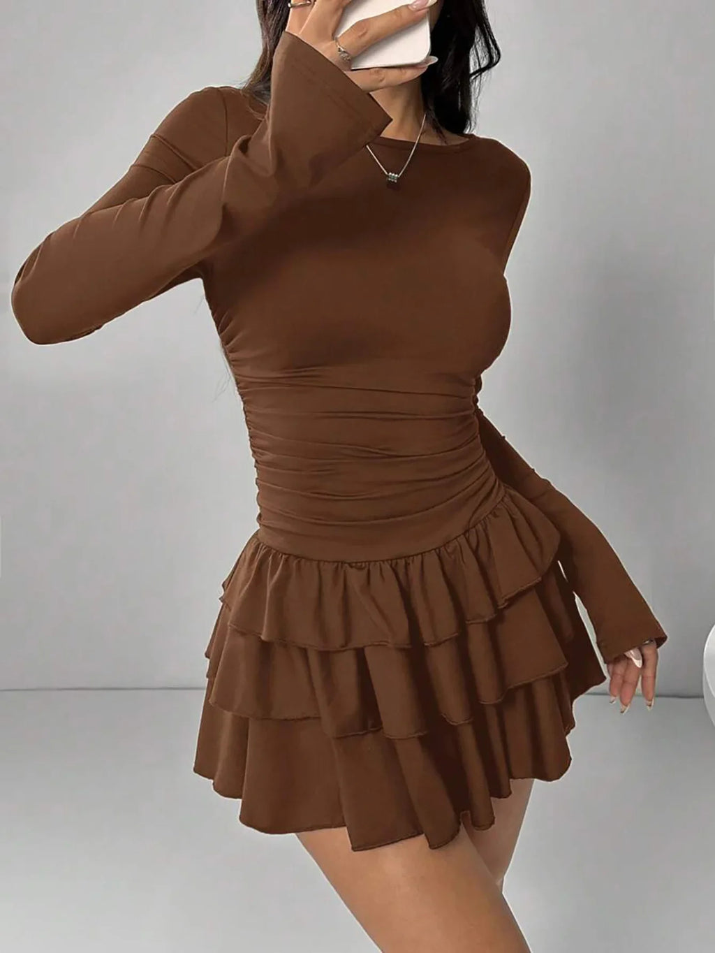 Autumn Winter Solid Color Slim Fit Cascading Ruffles Mini Dress Women Elegant Flare Sleeve High Waist Sexy Party Bodycon Dresses
