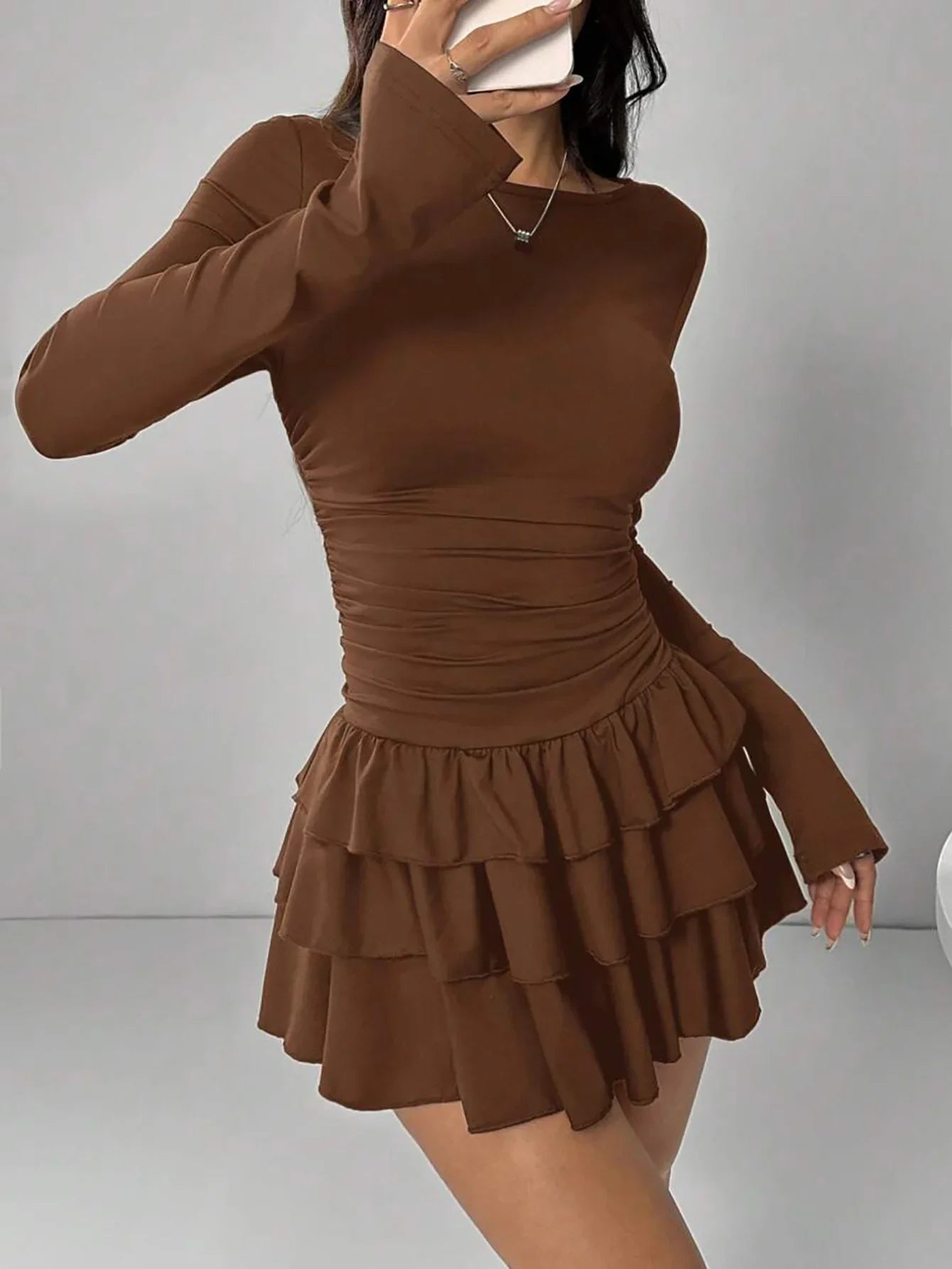 Autumn Winter Solid Color Slim Fit Cascading Ruffles Mini Dress Women Elegant Flare Sleeve High Waist Sexy Party Bodycon Dresses