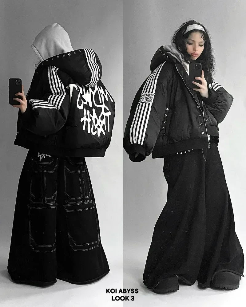 Unisex Harajuku street zip jacket, striped cotton-padded warm coat, goth hip hop style, S–XXL