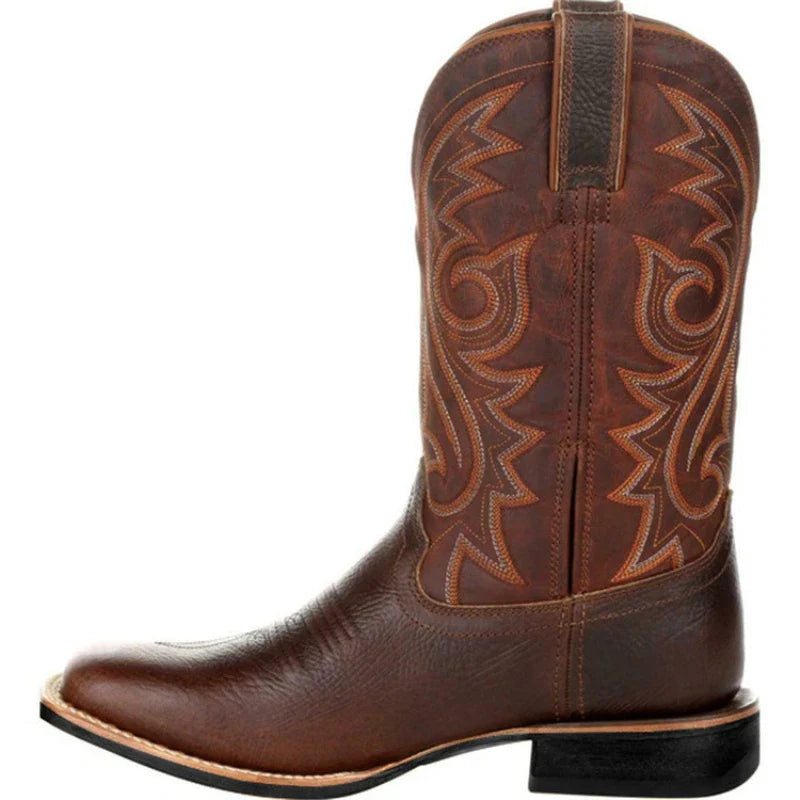 Luxury Men Boots Mid Calf Western Cowboy Motorcycle Boots for Men Autumn Outdoor PU Leather Totem Boots Retro Designed Men Shoes