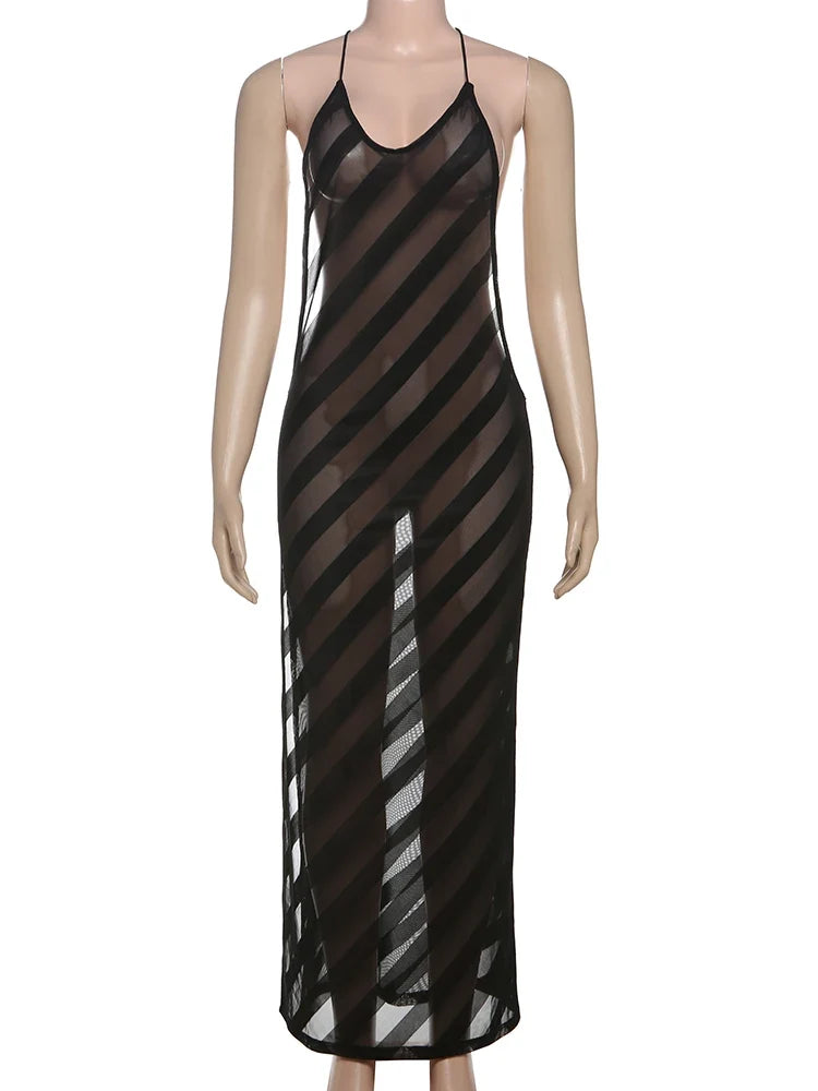 Summer Release Junior Ankle-Length Sexy High Street Dress Perspective Girl Solid Halter Slim Cleavage Backless Robe