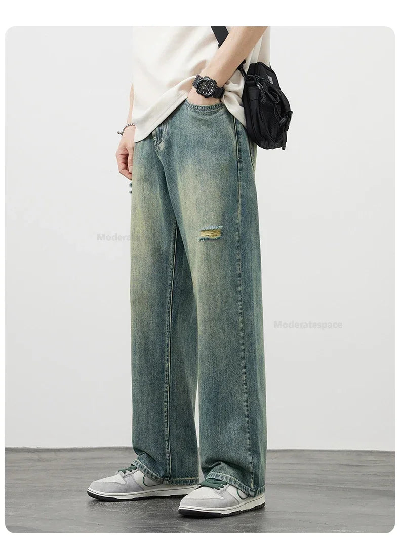 Korea Baggy Cargo Jeans Men Vintage Straight Ripped Y2k Pants Fashion Frayed High Street Distressed Denim Trousers Male Clothes