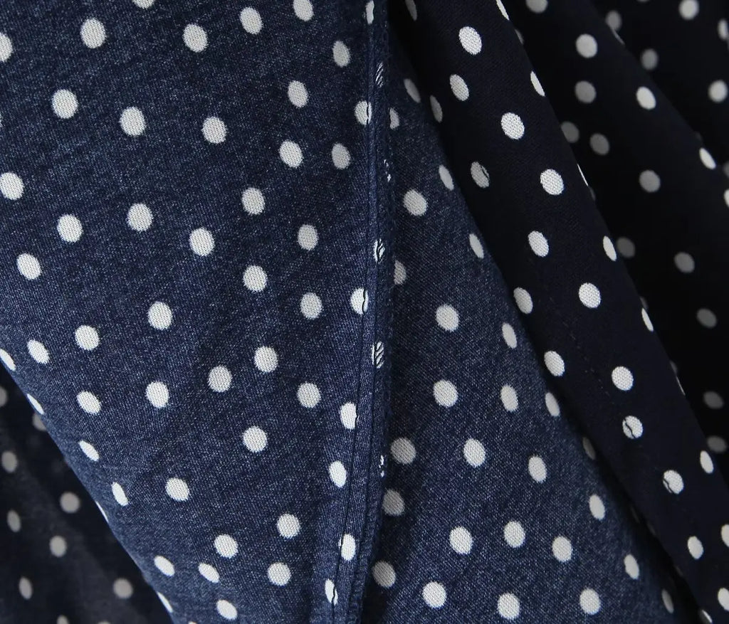 2025 Women Navy Blue Polka Dot Long Dress Lace Trim V Neck Short Sleeve A-line Elegant Holiday Dresses Summe Maxi Robe