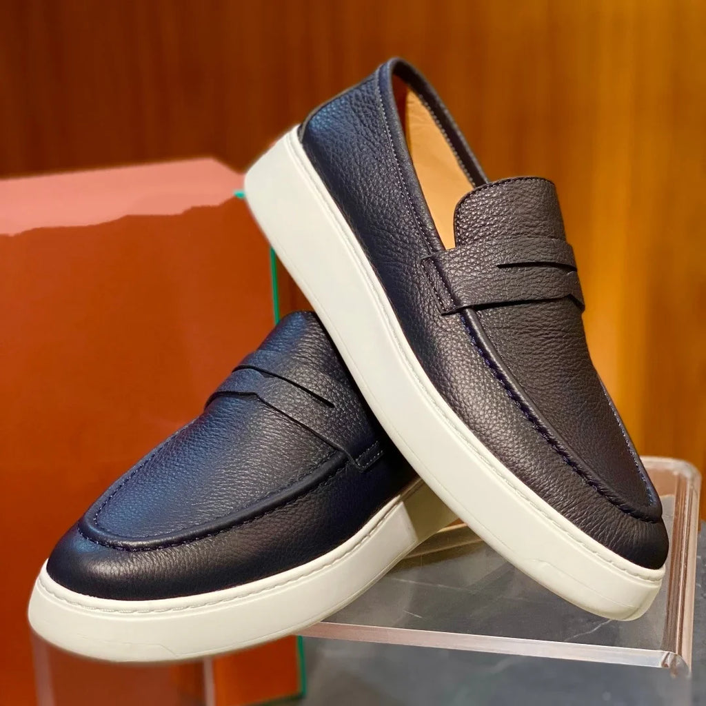 2026 New Men Genuine Grain Leather Penny Loafers Slip On Platform Non Slip Soft Sole Business Casual Driving Daily Walking Shoes