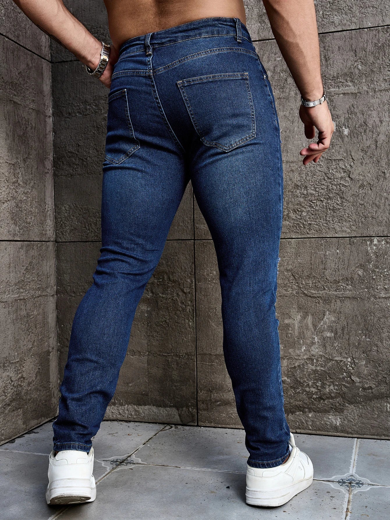 Men's Deep Blue Skinny Fit Ripped Stretch Denim Jeans Versatile and Easy Match Men's Pants Elastane Fabric Everyday Wear