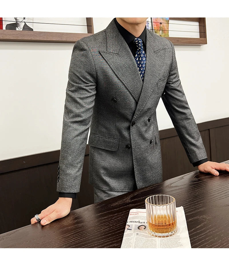Men Vintage Luxury Double Breasted Slim Fit Lapel Evening Gown ltalian Style Fashion High-end Groom Wedding Party Tuxedo 2 Piece